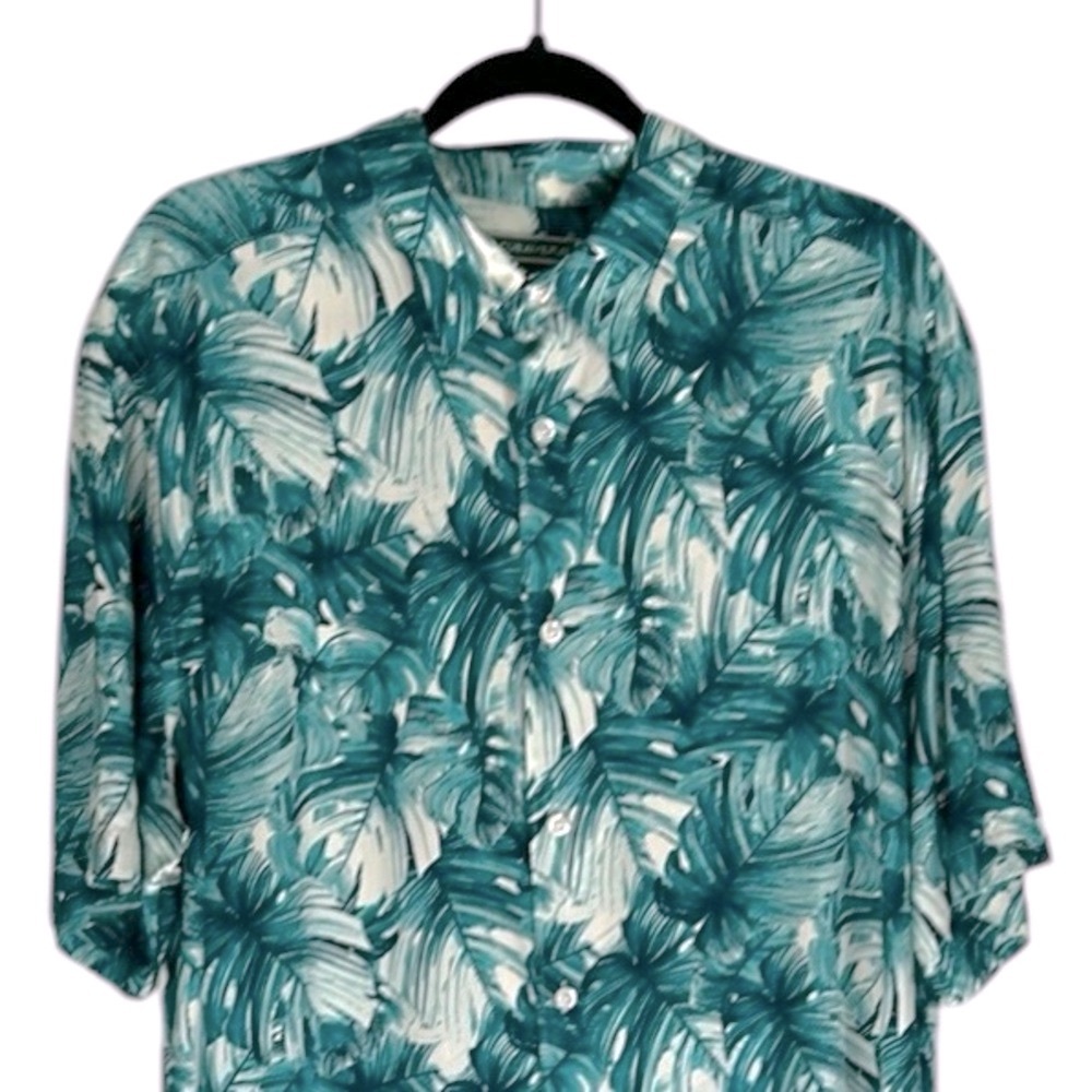 Cubavera Men’s Large Teal Blue Button Down Tropical Palm Leaves Print Shirt